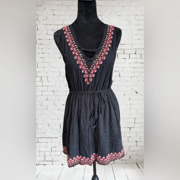 Forever 21 Sleeveless Boho Mini Dress- Embroidered Trim Rope Belt NWT - Picture 7 of 12